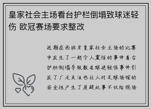 皇家社会主场看台护栏倒塌致球迷轻伤 欧冠赛场要求整改