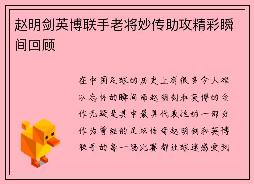 赵明剑英博联手老将妙传助攻精彩瞬间回顾